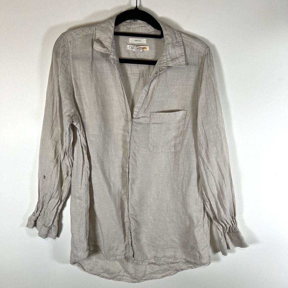 C & C California Womens M 100% Linen Button Up Blouse‎ Long Sleeve Tan Beach